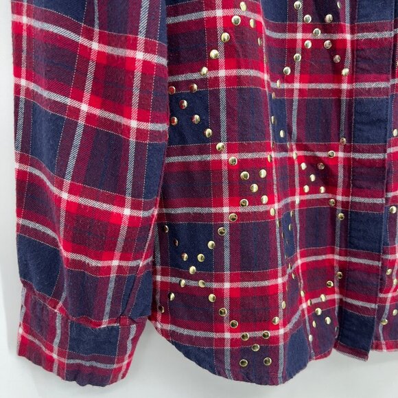Michael Kors Plaid Studded Button Down Shirt Women’s Large Red Navy - Picture 3 of 10